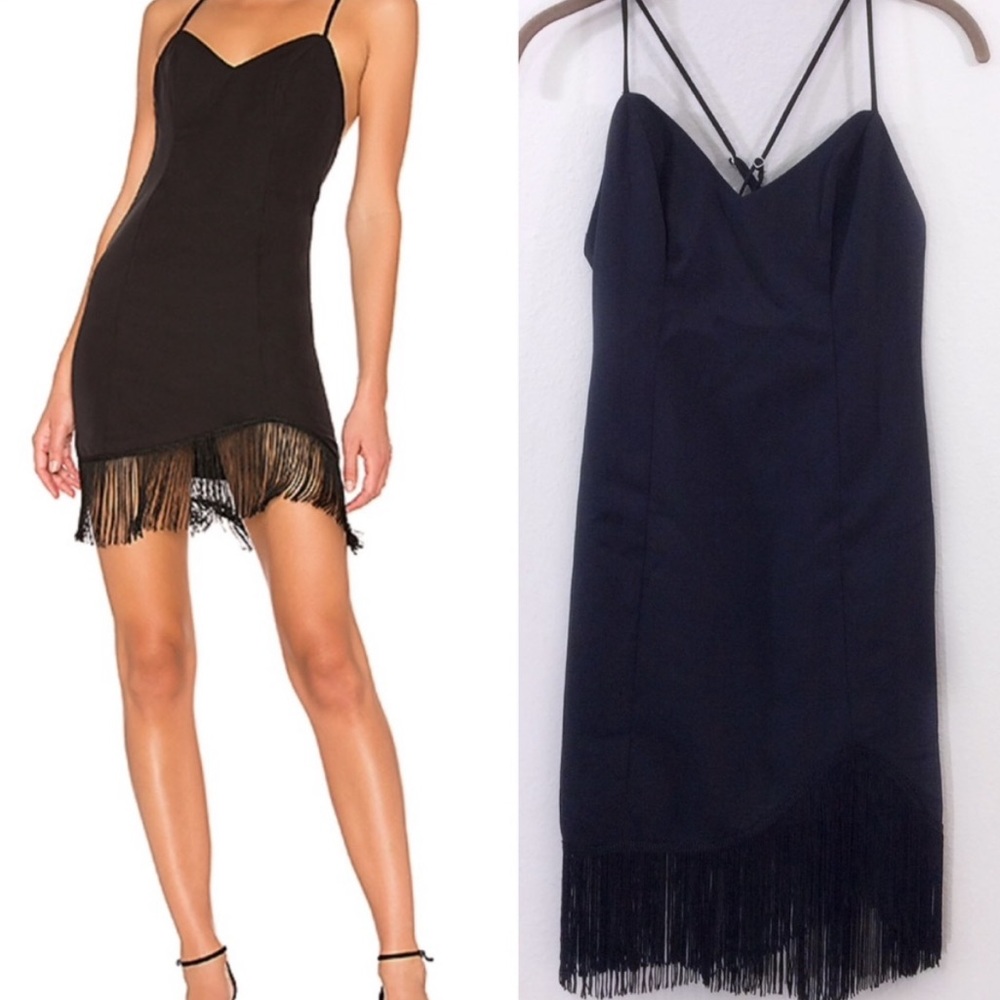 NBD Celine Dress Mini Fringe Hem Criss Cross LBD